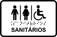 Ícone de uma placa com os ícones de um homem, uma mulher e uma pessoa com deficiente. A placa tem a palavra Sanitários impressa, junto da versão em braille.